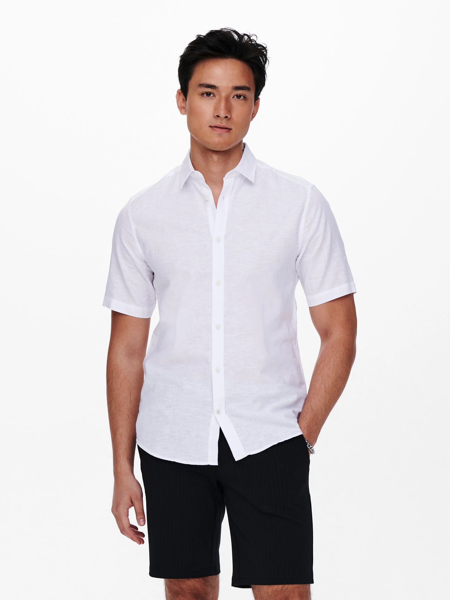 ONLY & SONS CAIDEN Linne Skjorta Kort Ärm Vit