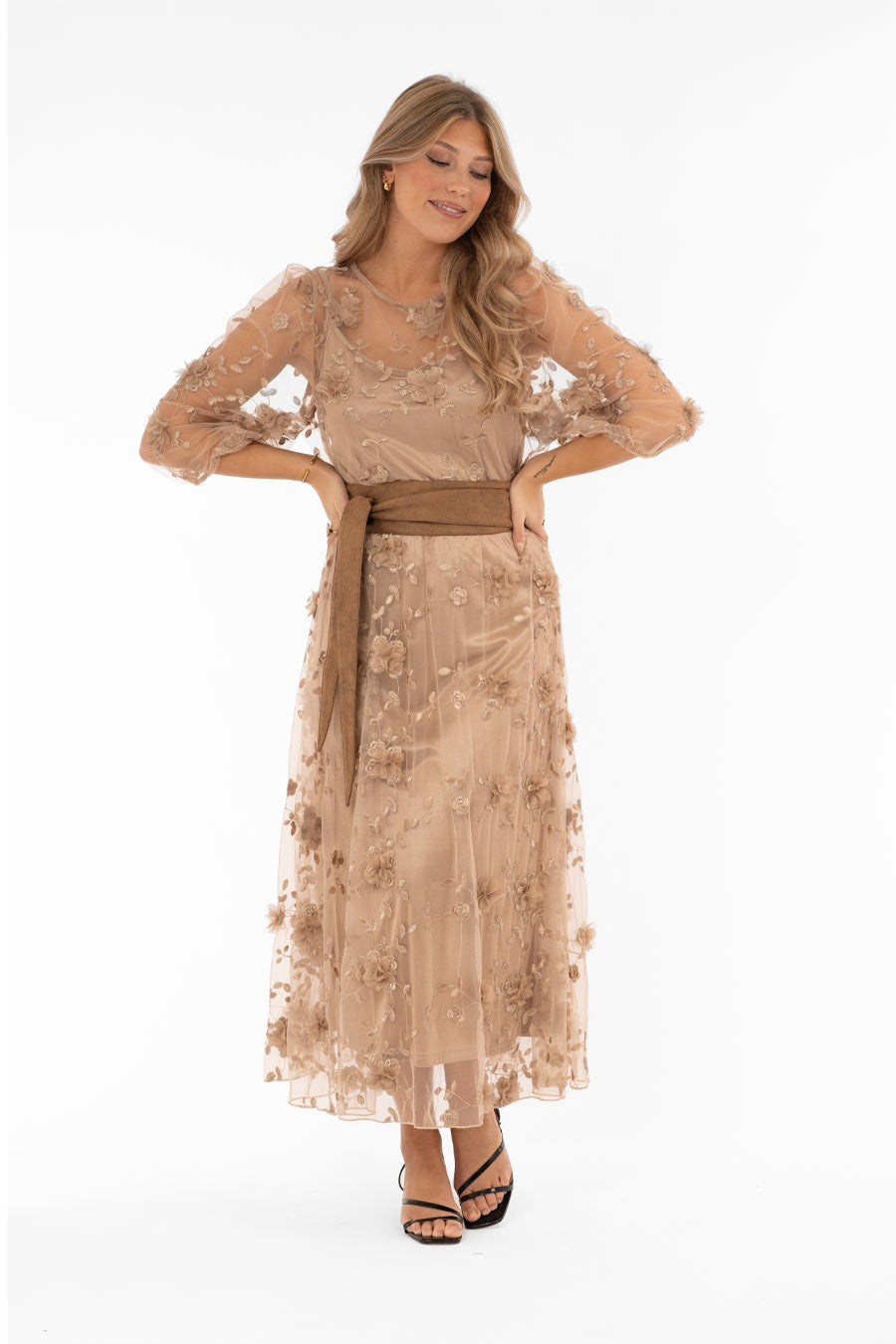 CAPRI COLLECTION FLORENCE Blommig Tyllkjol – Antique Gold (Beställningsvara)