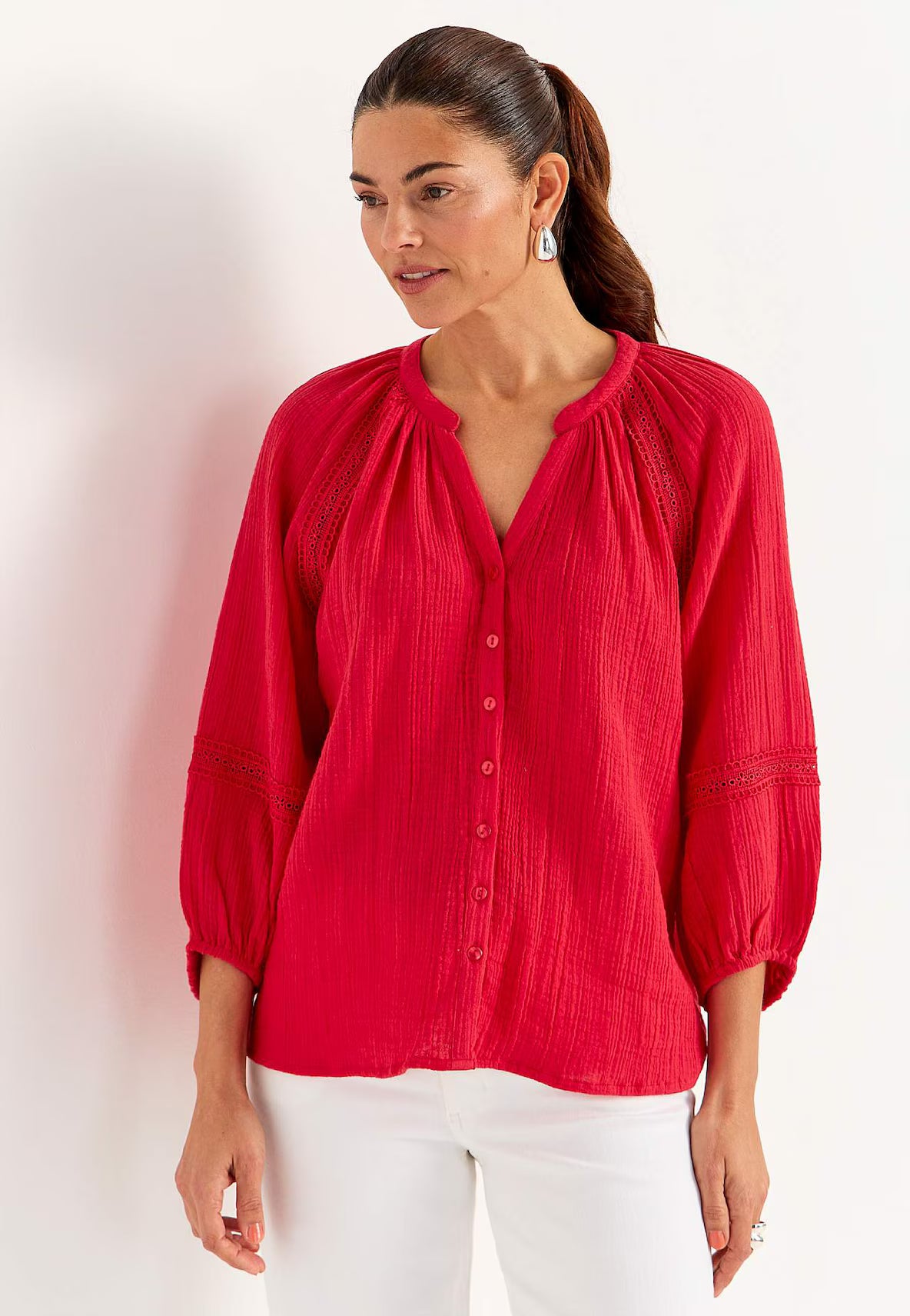 CELLBES MALIN Blus i krinklad bomull Coral Red 701523